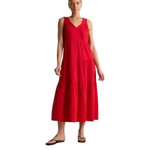 NWOT Quince Wild Cherry Red Organic Cotton Gauze Tiered Maxi Dress Medium 4265-Q